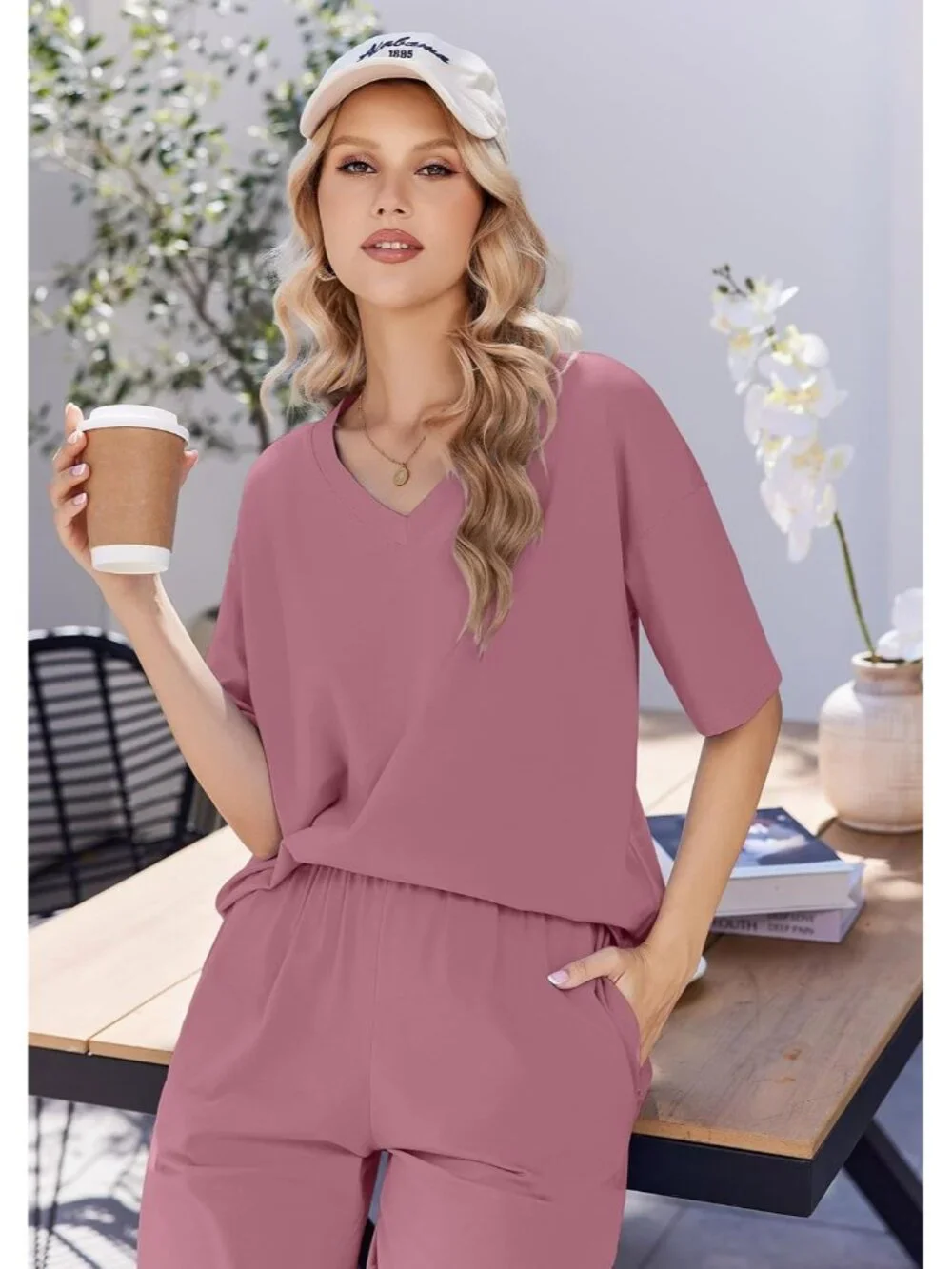 Women's Purple Red Cotton Short Sleeve Sleepwear Pant Pockets Pajama Set